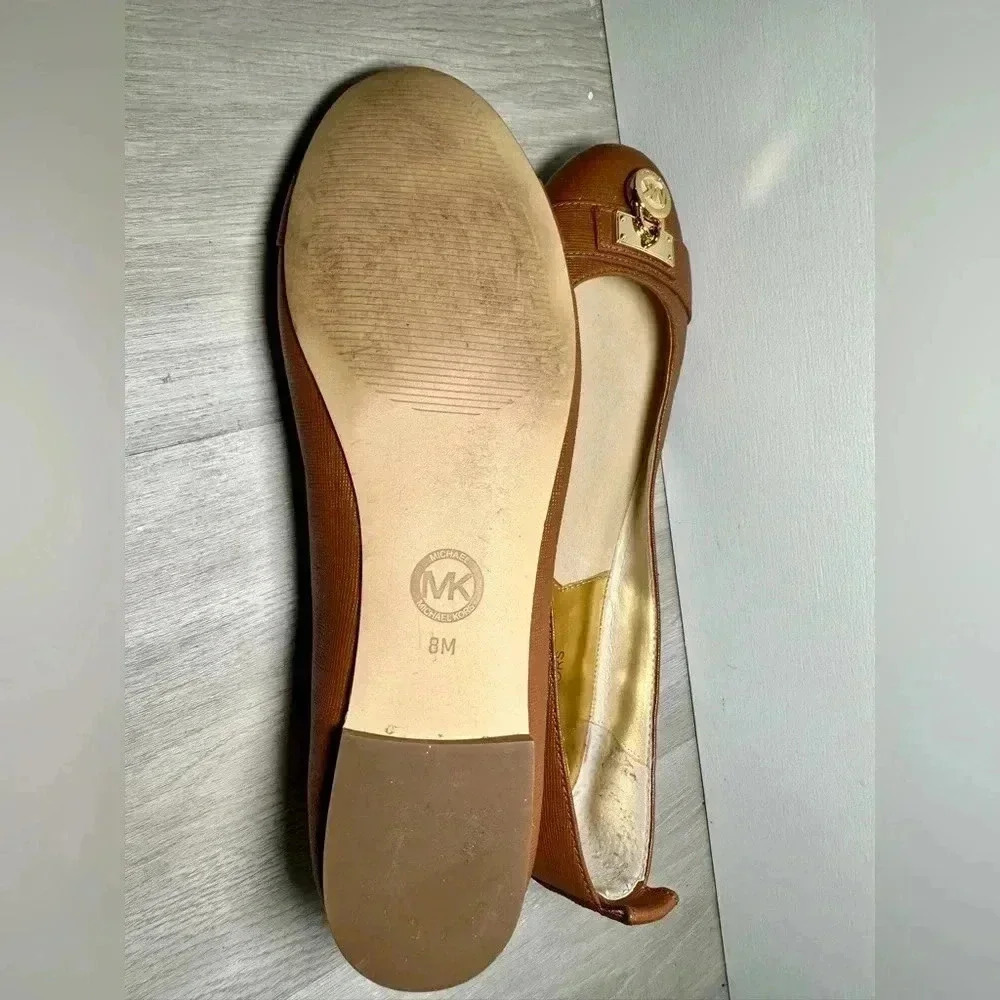 Michael Kors Women Brown Leather Ballet Flats Lock Logo MK Accent Size 8M - Picture 8 of 8